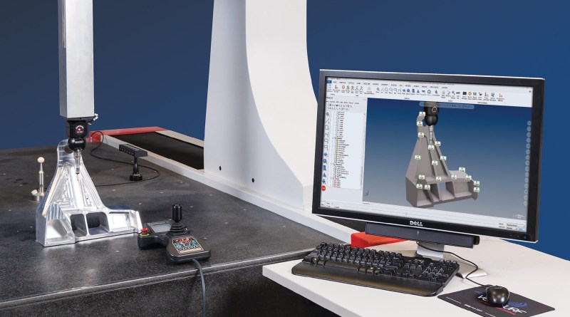 A fixed bridge CMM is programmed to inspect a manufacturing part